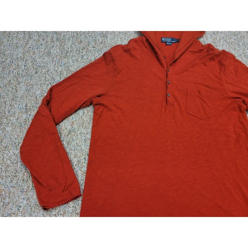 Polo Ralph‎ Lauren Shirt Mens Large Red Henley Hoodie Pullover Double Layer Pima